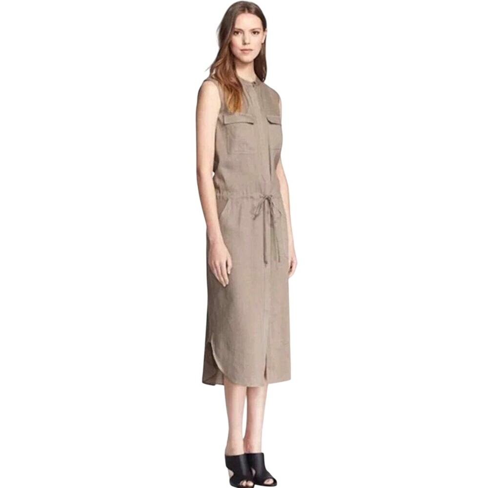 VINCE Women’s Linen Cargo Utility Safari Midi Dress Sandbar Beige